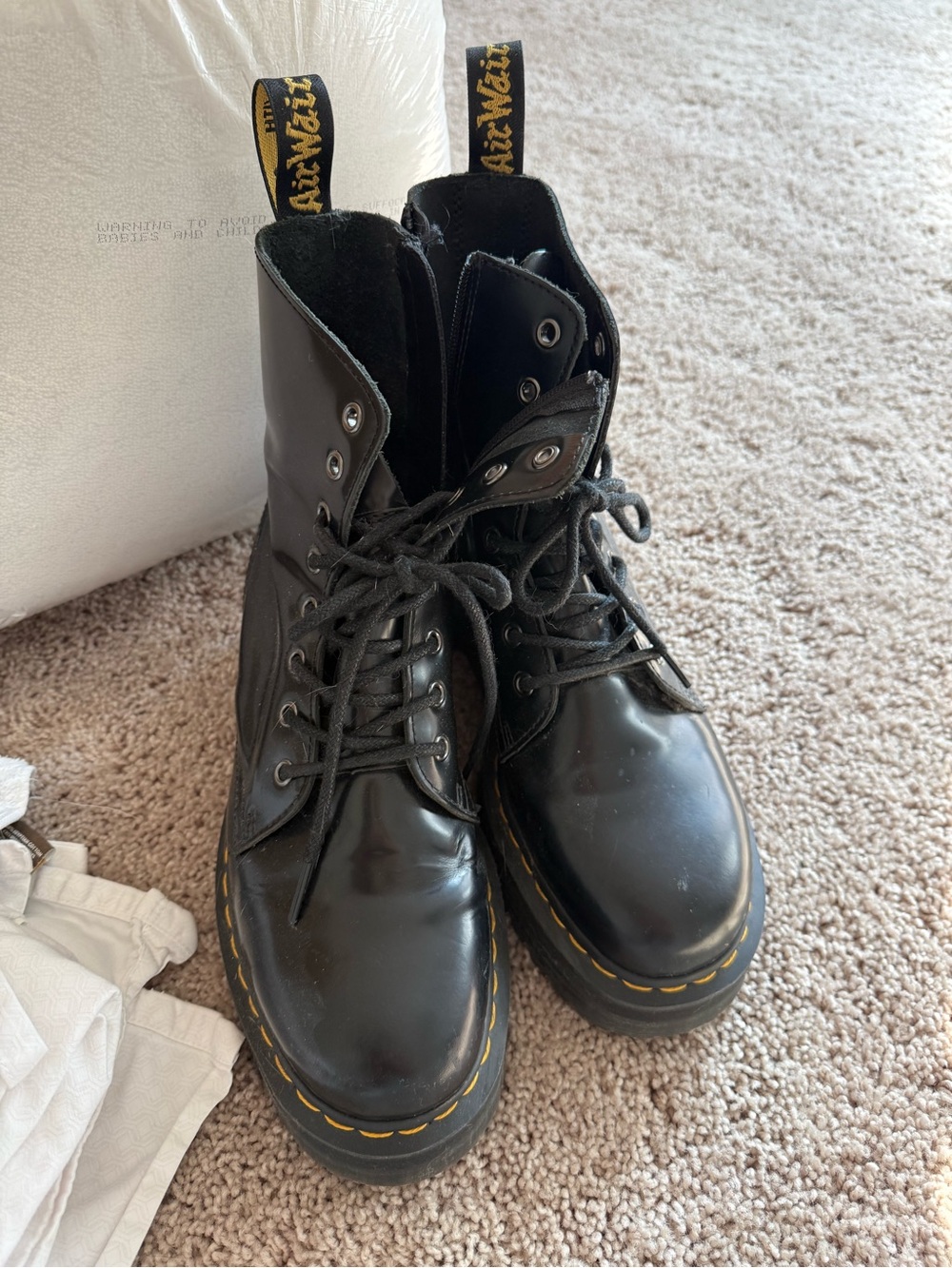Dr. Martens Black Leather Lace-Up Boots with Yellow Stitching